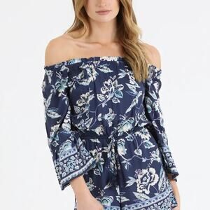 MSRP: $69 | ✨ Angie One Shoulder Floral Romper – Size M | Navy & White ✨